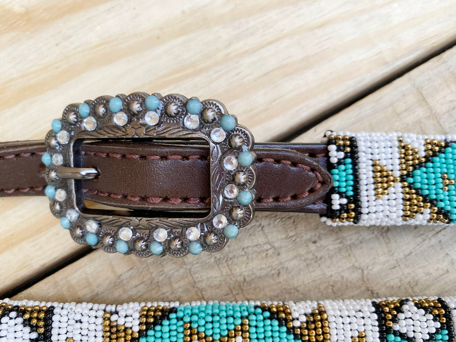 Leather Headstall and Breast Collar with Wither Strap Western Leather Tack Set for the horse with Torquish Beeded inlay with matching Concho