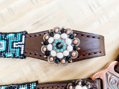 Leather Headstall and Breast Collar with Wither Strap Western Leather Tack Set for the horse with turquoise Beaded inlay and matching Concho
