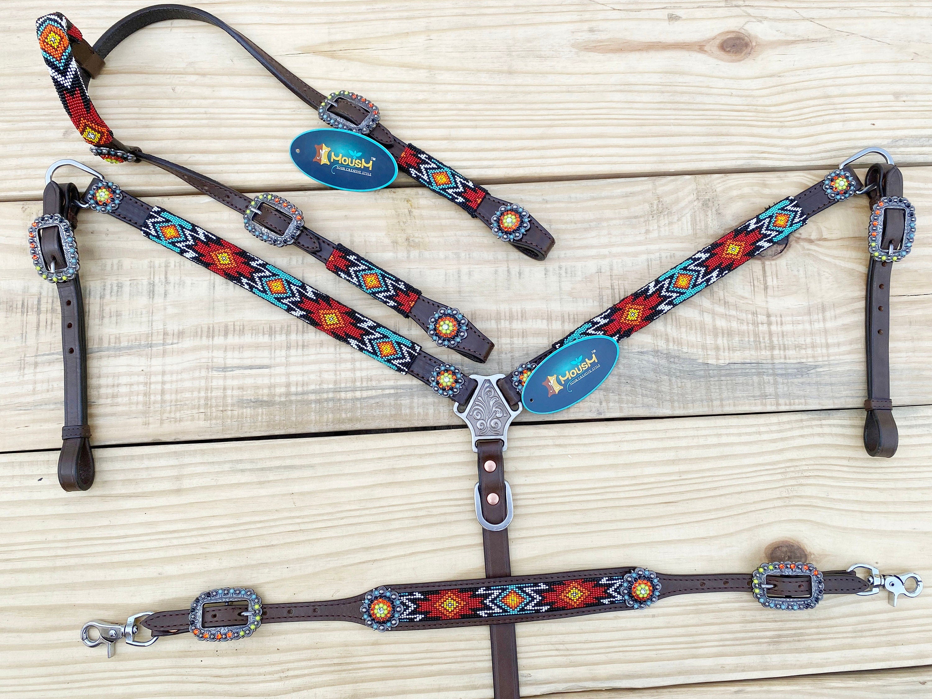 Leather Headstall and Breast Collar with Wither Strap Western Leather Tack Set for the horse with turquoise red Beaded inlay and Concho