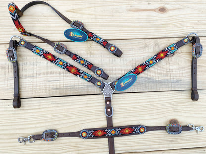 Leather Headstall and Breast Collar with Wither Strap Western Leather Tack Set for the horse with turquoise red Beaded inlay and Concho