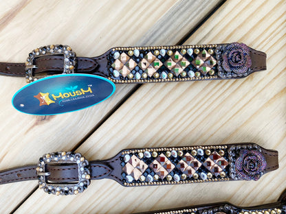 MOUSM Argentina Cow Leather Headstall &amp; Breast Collar Set – Western Horse Tack for Horse with Dark Brown 3D Rose Flower with Premium Golden Stone Inlay