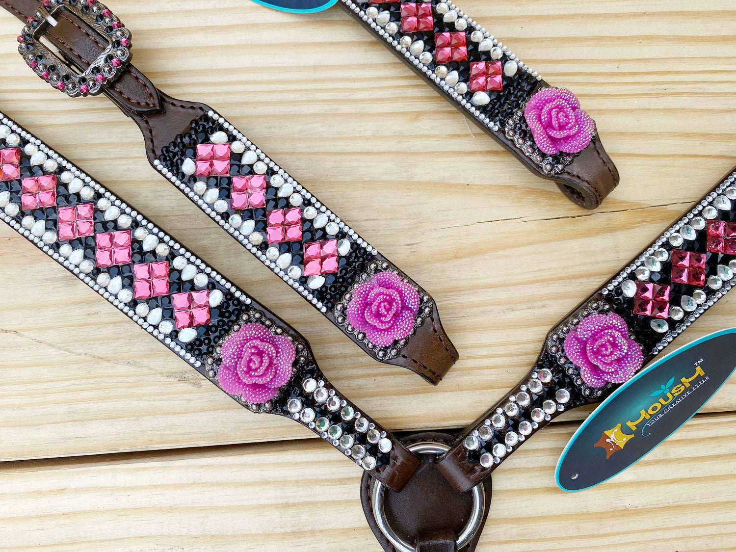 Leather Headstall and Breast Collar Tack Set western Headstall for the horse with 3D pick Rose Premium Full rhine stone work Inlay by Mousm