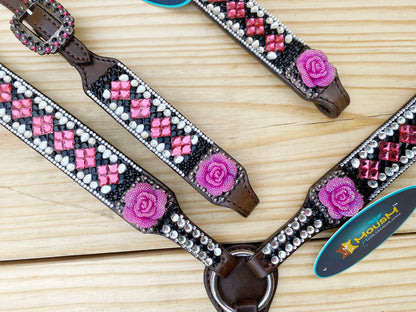 Leather Headstall and Breast Collar Tack Set western Headstall for the horse with 3D pick Rose Premium Full rhine stone work Inlay by Mousm