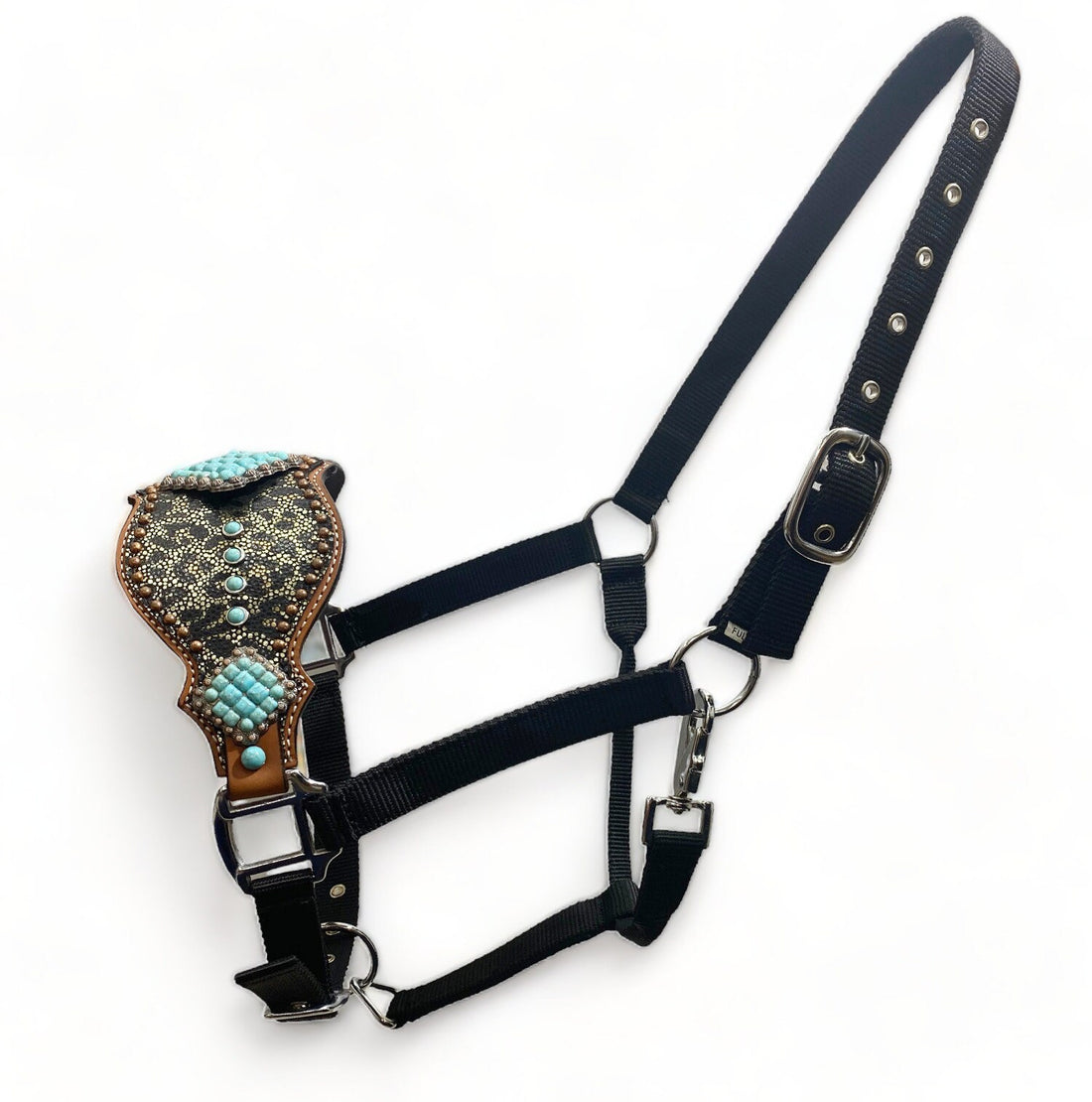MOUSM Western Bronc Halter - Argentina Cow Leather Halter for Horse Decorated with Turquoise Stones on Alligator-Patterned Leather Surrounded by Copper Studs &amp; Antique Copper Hardware