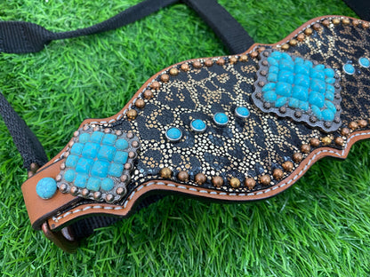 Genuine Argentina Cow leather Bronc Halter for Horses,Decorated with turquoise acents with copper studs