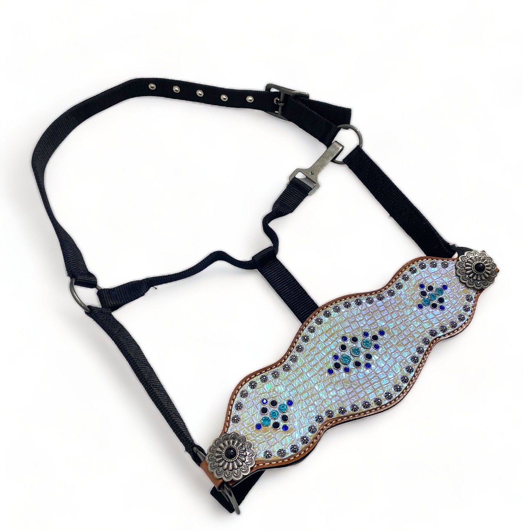 Bronc Halter for Horses, Decorated with holographic snake print with sun brust studs and turquoise royal ribits.