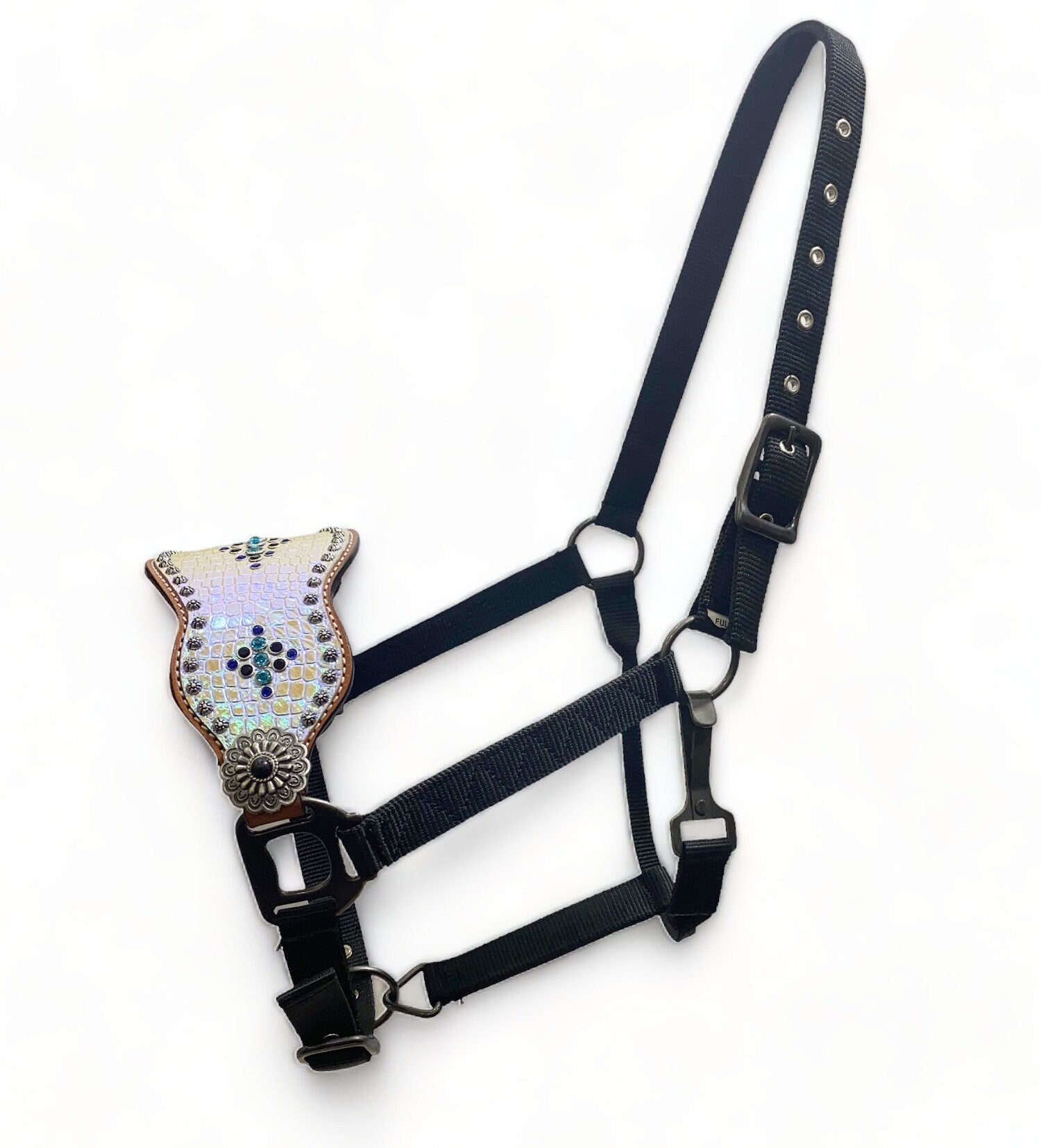 Bronc Halter for Horses, Decorated with holographic snake print with sun brust studs and turquoise royal ribits.