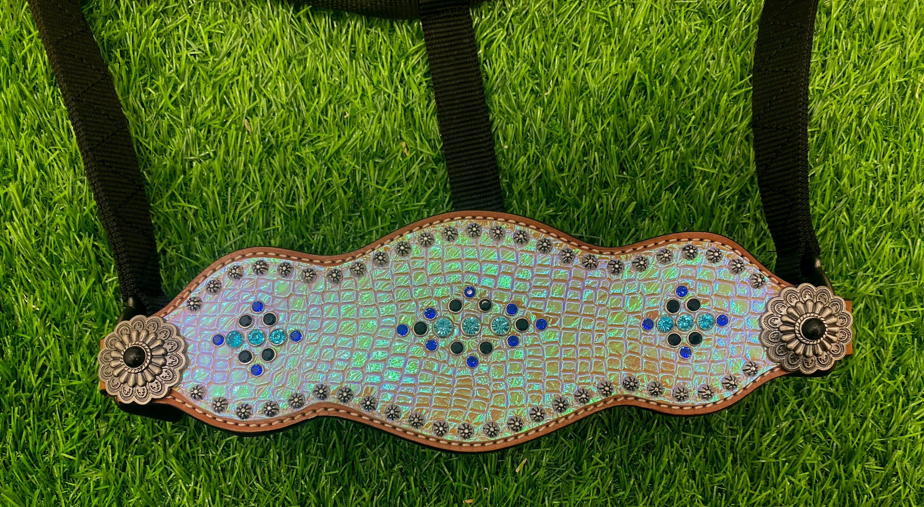 Bronc Halter for Horses, Decorated with holographic snake print with sun brust studs and turquoise royal ribits.