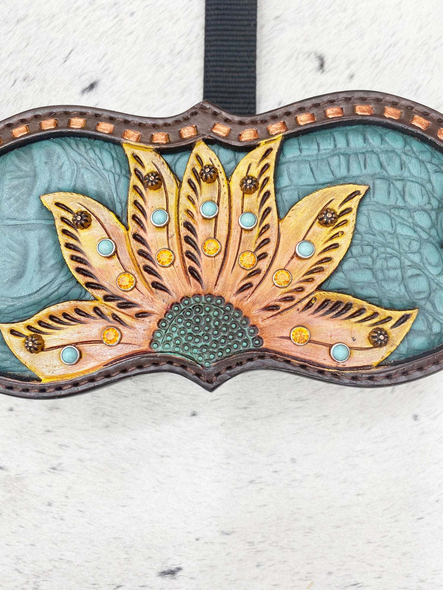 Genuine Argentina Cow leather Bronc Halter for Horses, Decorated with sun flower carving copper raw hide bread with turquoish flower concho