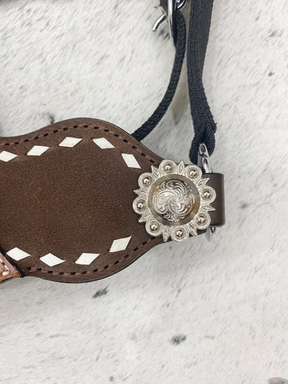 Genuine Argentina Cow leather Bronc Halter for Horses, Decorated with nickle congress concho and white raw hide brading with flower carving
