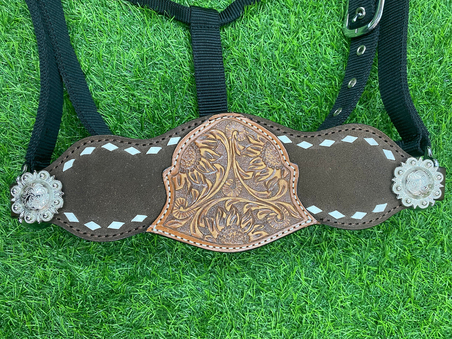 Genuine Argentina Cow leather Bronc Halter for Horses, Decorated with nickle congress concho and white raw hide brading with flower carving