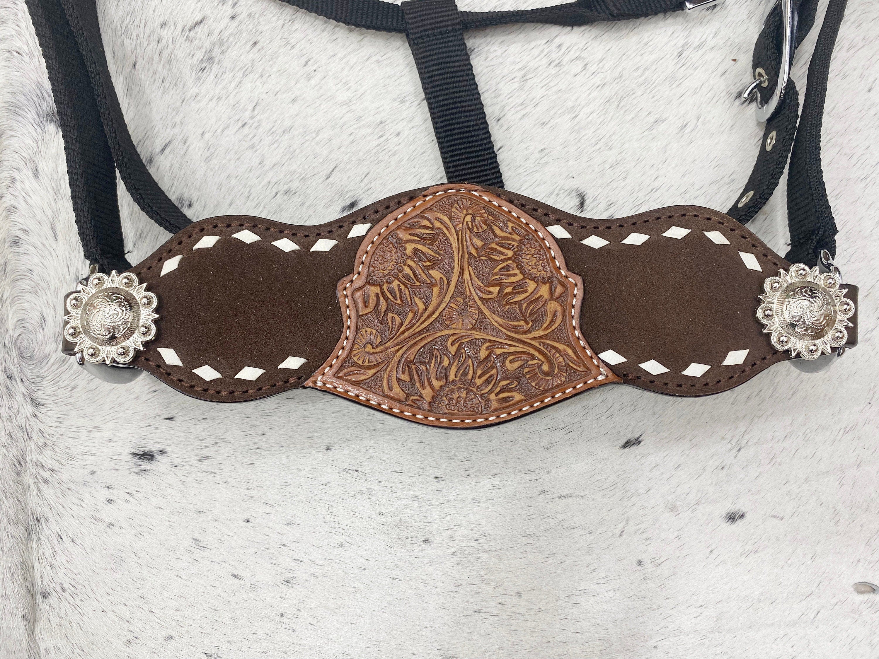 Genuine Argentina Cow leather Bronc Halter for Horses, Decorated with nickle congress concho and white raw hide brading with flower carving