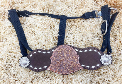 Genuine Argentina Cow leather Bronc Halter for Horses, Decorated with nickle congress concho and white raw hide brading with flower carving