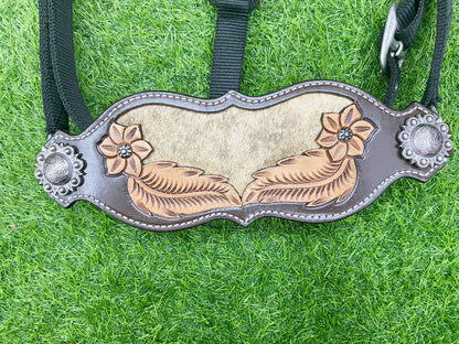Genuine Argentina Cow leather Bronc Halter for Horses, Decorated with feather flower carving with cow hide