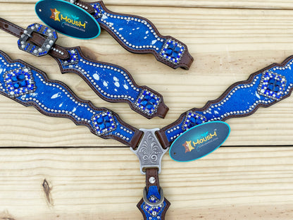 Valentine Day  Western Leather Headstall and Breast Collar tack Set for the horse, headstall blue silver metallic acid wash cowhide look