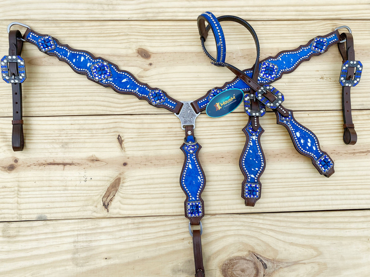 Blue Silver Metallic Acid Wash Cowhide Complete Headstall Set