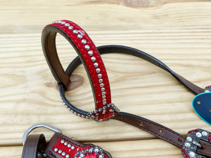Valentine Day Western Leather Headstall and Breast Collar tack Set for the horse, headstall red silver metallic acid wash cowhide look