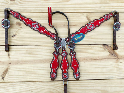 Valentine Day  Western Leather Headstall and Breast Collar tack Set for the horse, headstall red silver metallic acid wash cowhide look