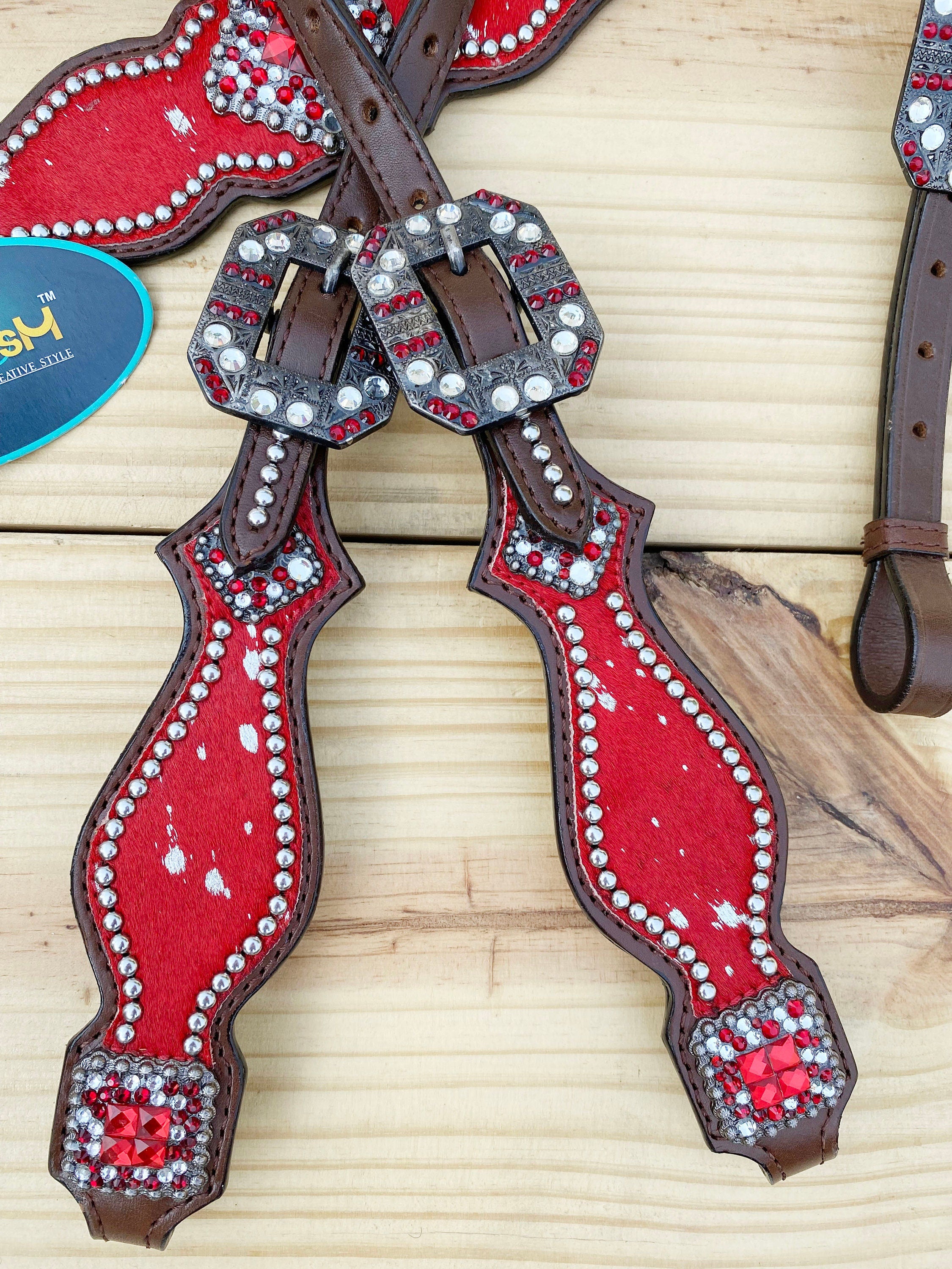 Valentine Day  Western Leather Headstall and Breast Collar tack Set for the horse, headstall red silver metallic acid wash cowhide look