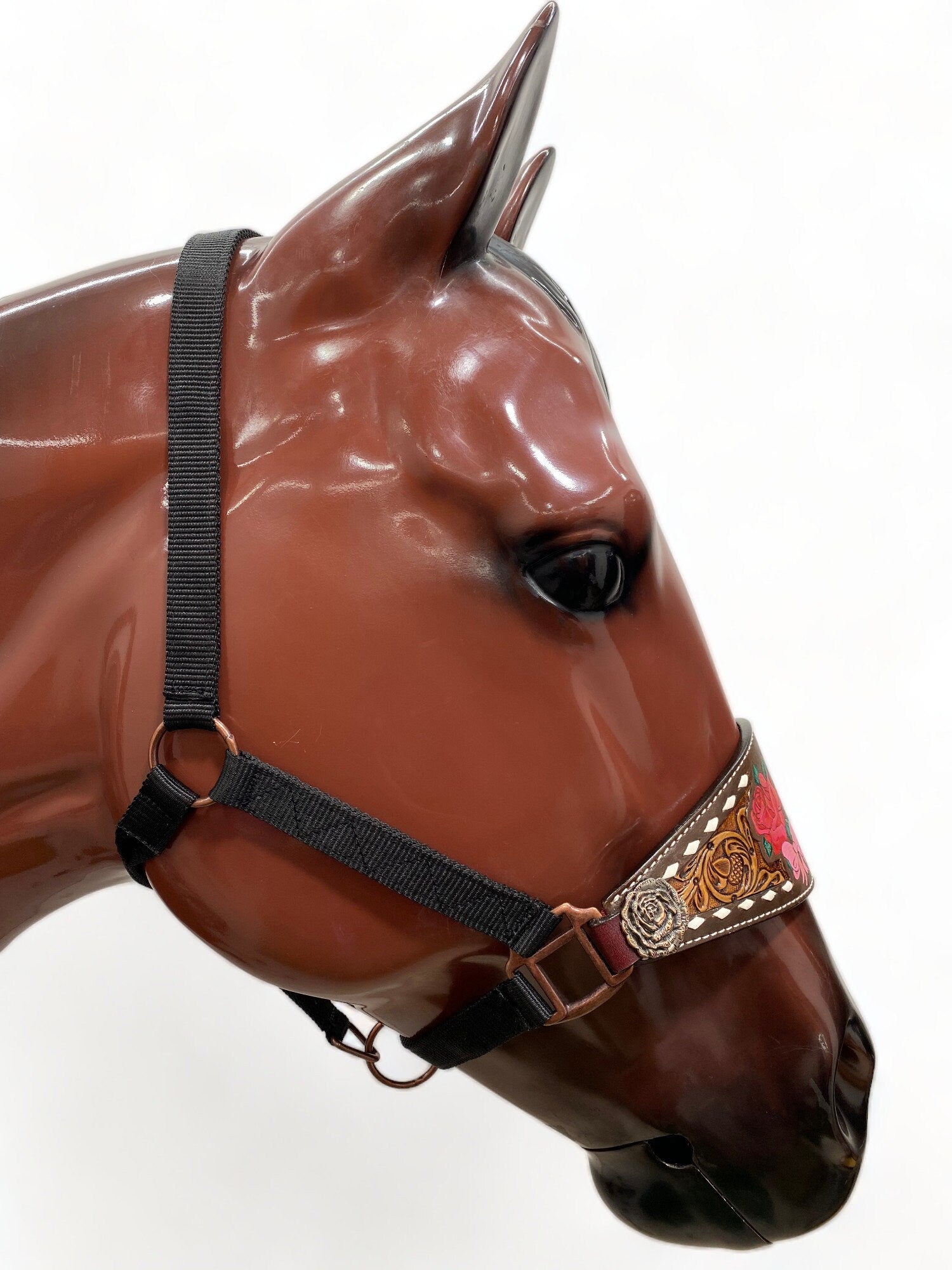 Argentina Cow leather Bronc Halter for Horses, Decorated with oak fruit carving rose flower acent with horse head painting and rose concho