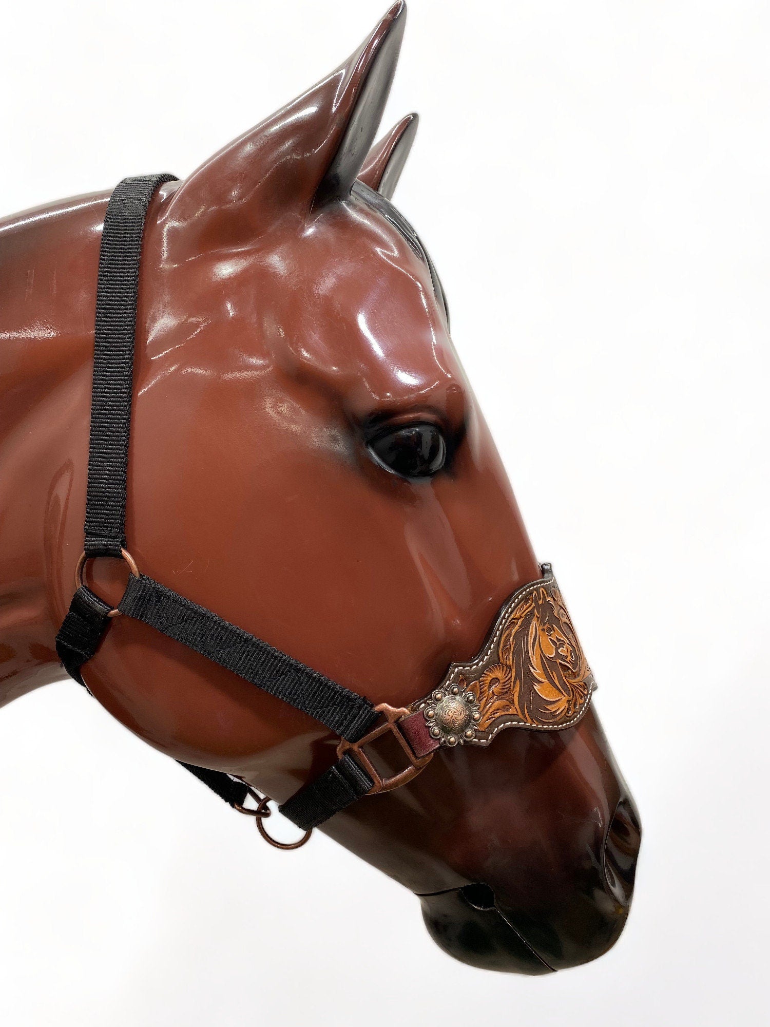 Genuine Argentina Cow leather Bronc Halter for Horses, Decorated with oak fruit carving with horse head painting and rose concho