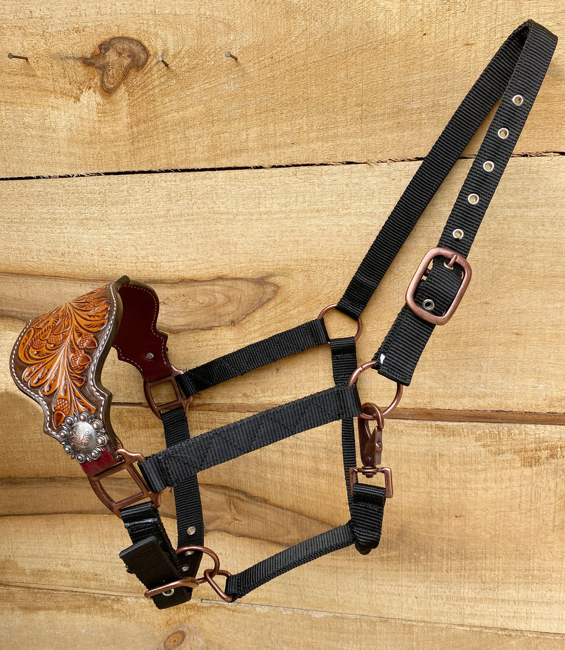 MOUSM Western Bronc Halter – Argentina Cow Leather Halter for Horse Decorated with Horse Head &amp; Oak Fruit Carving, Fancy Concho