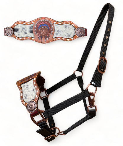 Genuine Argentina Cow leather Bronc Halter for Horses, Decorated with red chief  conchos with red chief engraving and hand painting