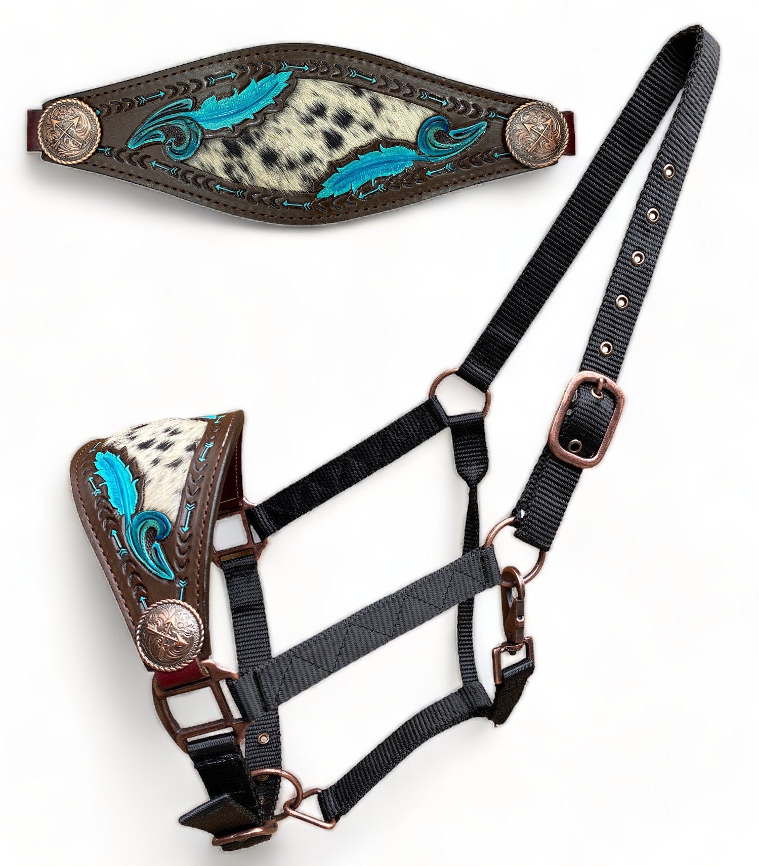 Genuine Argentina Cow leather Bronc Halter for Horses, Decorated with cross arrow concho with turquoise feather carving with cow hide