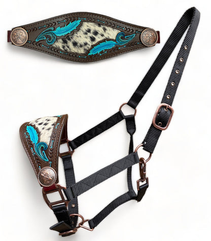 Genuine Argentina Cow leather Bronc Halter for Horses, Decorated with cross arrow concho with turquoise feather carving with cow hide