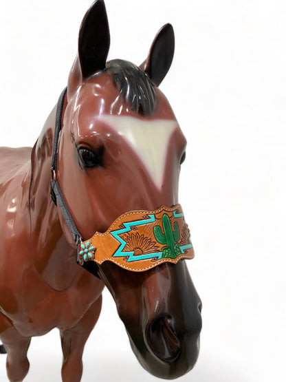 Genuine Argentina Cow leather Bronc Halter for Horses, Decorated with Turquoise Flower Concho with Cactus and Sunflower Carving