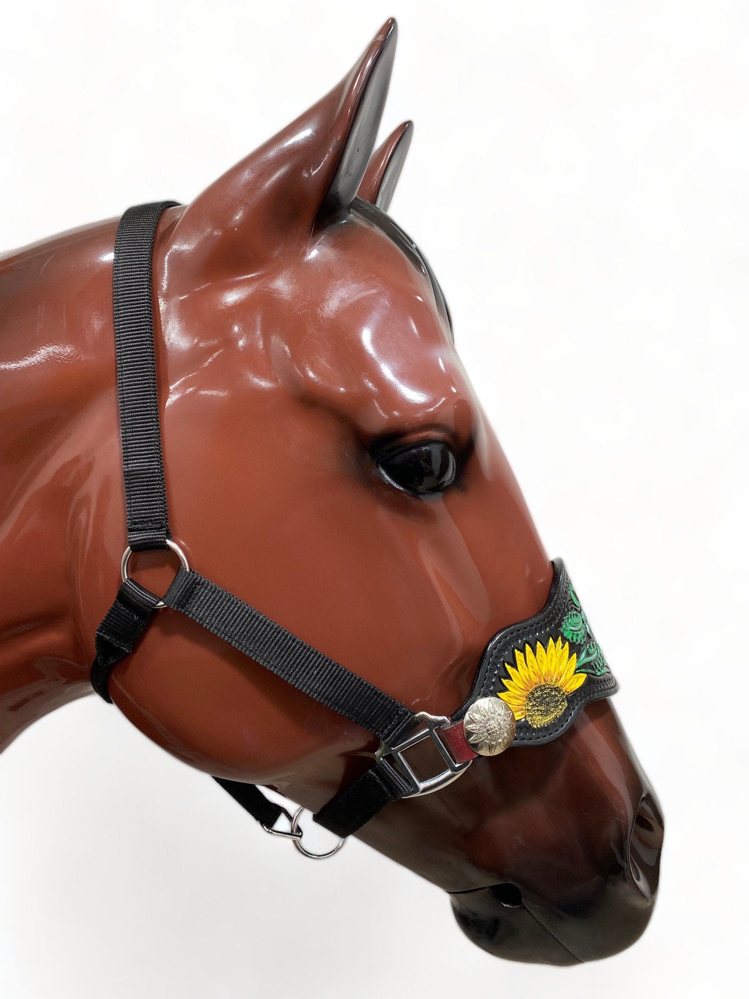 Genuine Argentina Cow leather Bronc Halter for Horses, Decorated with Sunflower conchos with sunflower carving and leaves
