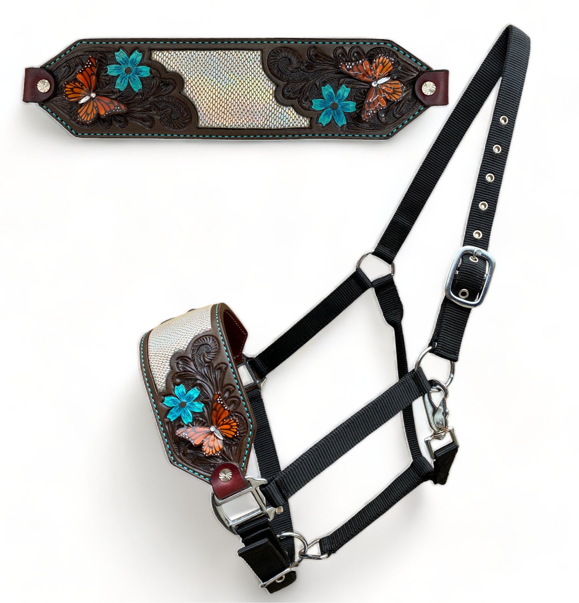Genuine Argentina Cow leather Bronc Halter for Horses, Decorated with holographic snake print leather with 3D butterfly