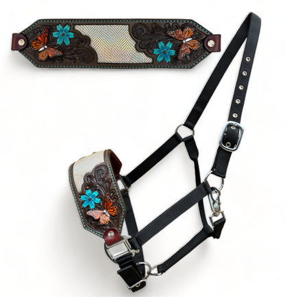 Genuine Argentina Cow leather Bronc Halter for Horses, Decorated with holographic snake print leather with 3D butterfly