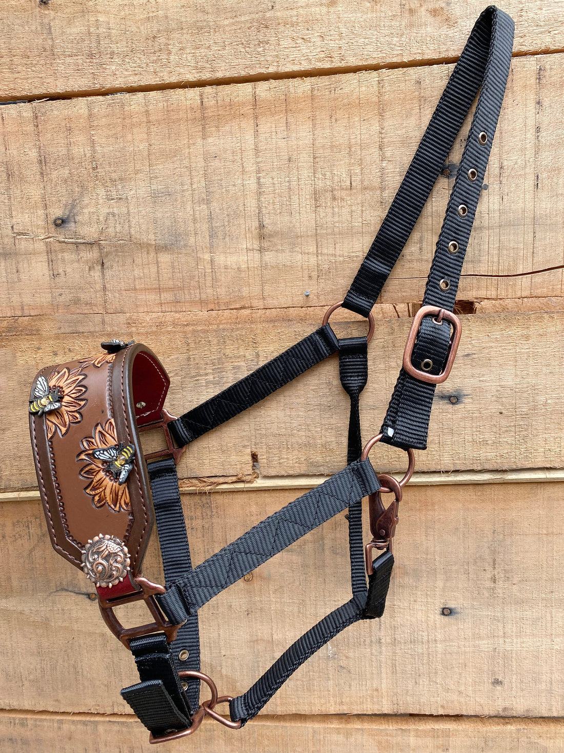 MOSUM Argentina Cow Leather Bronc Halter - Western Horse Halter Decorated with Hand-Painted Sunflower &amp; 3D Bees Carving, Antique Copper Conchos