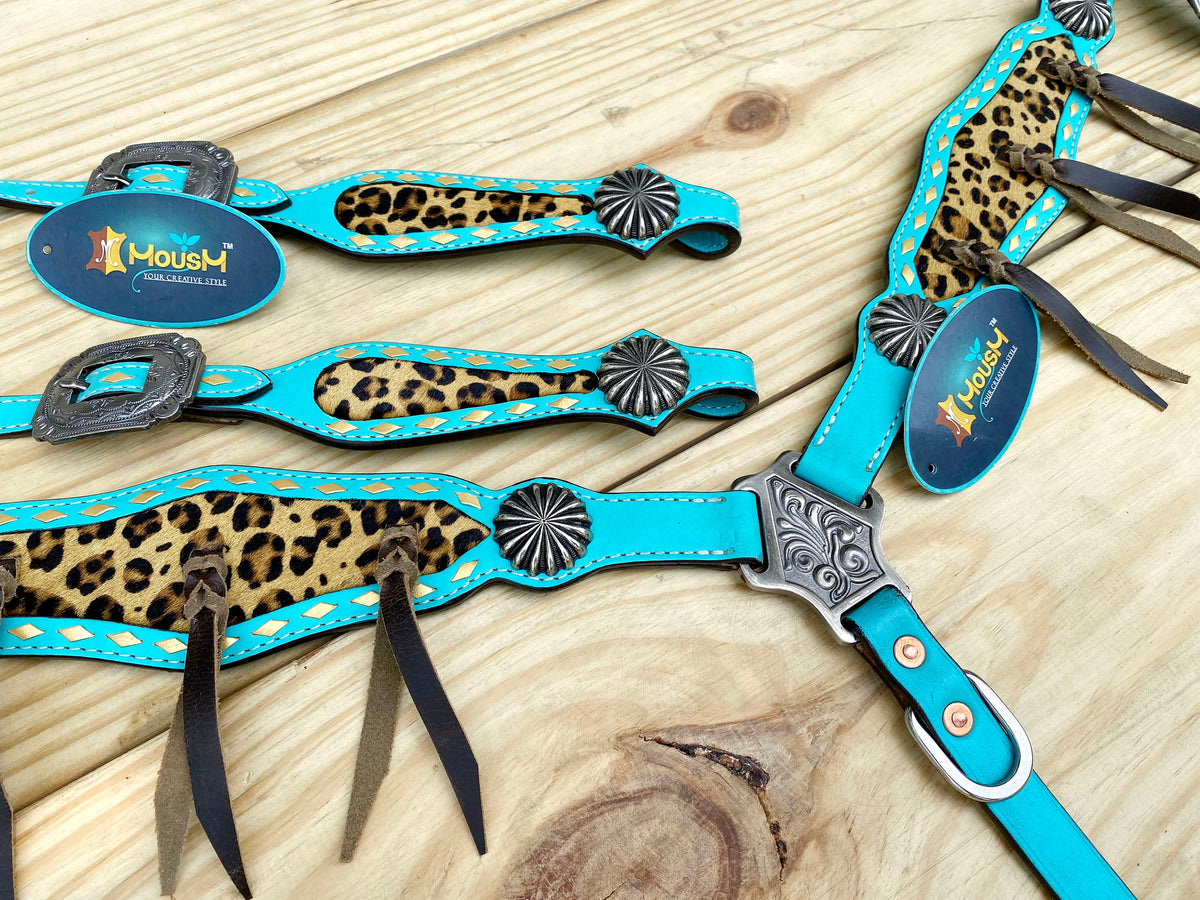 Leopard Pattern Inlay and Leather Brown Fringe Horse Tack Set