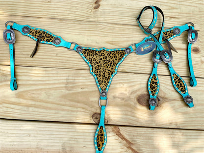 Western Leather Headstall and Breast Collar tack Set for the horse, turquoise headstall with leopard patches inlay brown fringe both sides