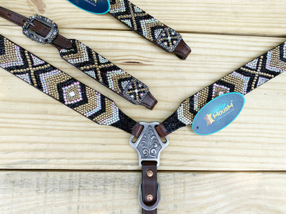MOUSM Western Bridle and Breast Collar Set - Decorated with Elegant Gold, Silver &amp; Black Stone Inlay and Same Conchos