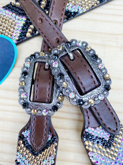 MOUSM Western Bridle and Breast Collar Set - Decorated with Elegant Gold, Silver &amp; Black Stone Inlay and Same Conchos