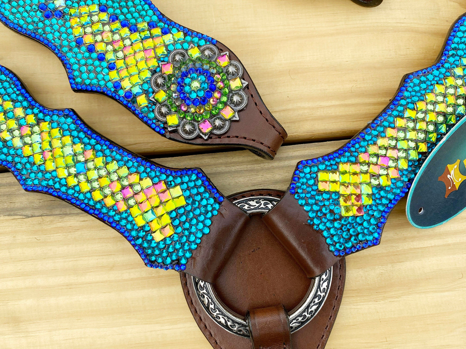MOUSM Argentina Cow Leather Western Bridle and Breast Collar Set - Decorated with Blue, Turquoise, Green Yellow and Pink rhinestones flower concho