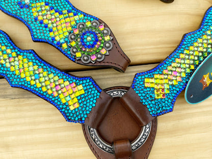 MOUSM Argentina Cow Leather Western Bridle and Breast Collar Set - Decorated with Blue, Turquoise, Green Yellow and Pink rhinestones flower concho