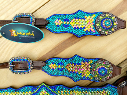 MOUSM Argentina Cow Leather Western Bridle and Breast Collar Set - Decorated with Blue, Turquoise, Green Yellow and Pink rhinestones flower concho