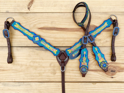 MOUSM Argentina Cow Leather Western Bridle and Breast Collar Set - Decorated with Blue, Turquoise, Green Yellow and Pink rhinestones flower concho