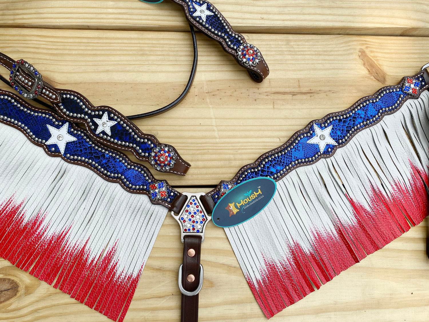 4th July Leather Headstall and Breast Collar Set for the horse, Western headstall tack decorated patriotic USA Star and USA Flag fringe