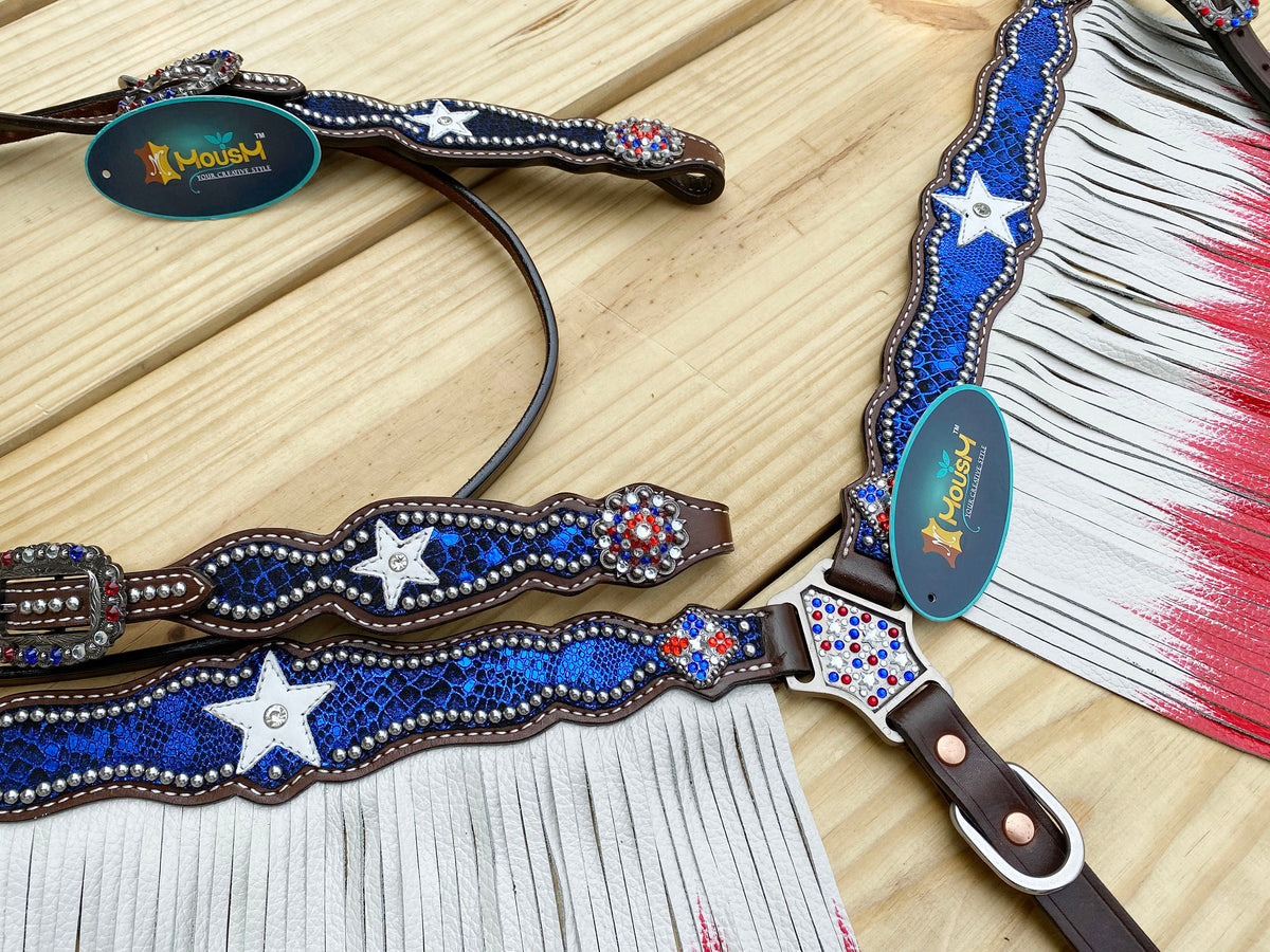 Alligator Print &amp; USA Flag Fringe Headstall &amp; Breast Collar Set