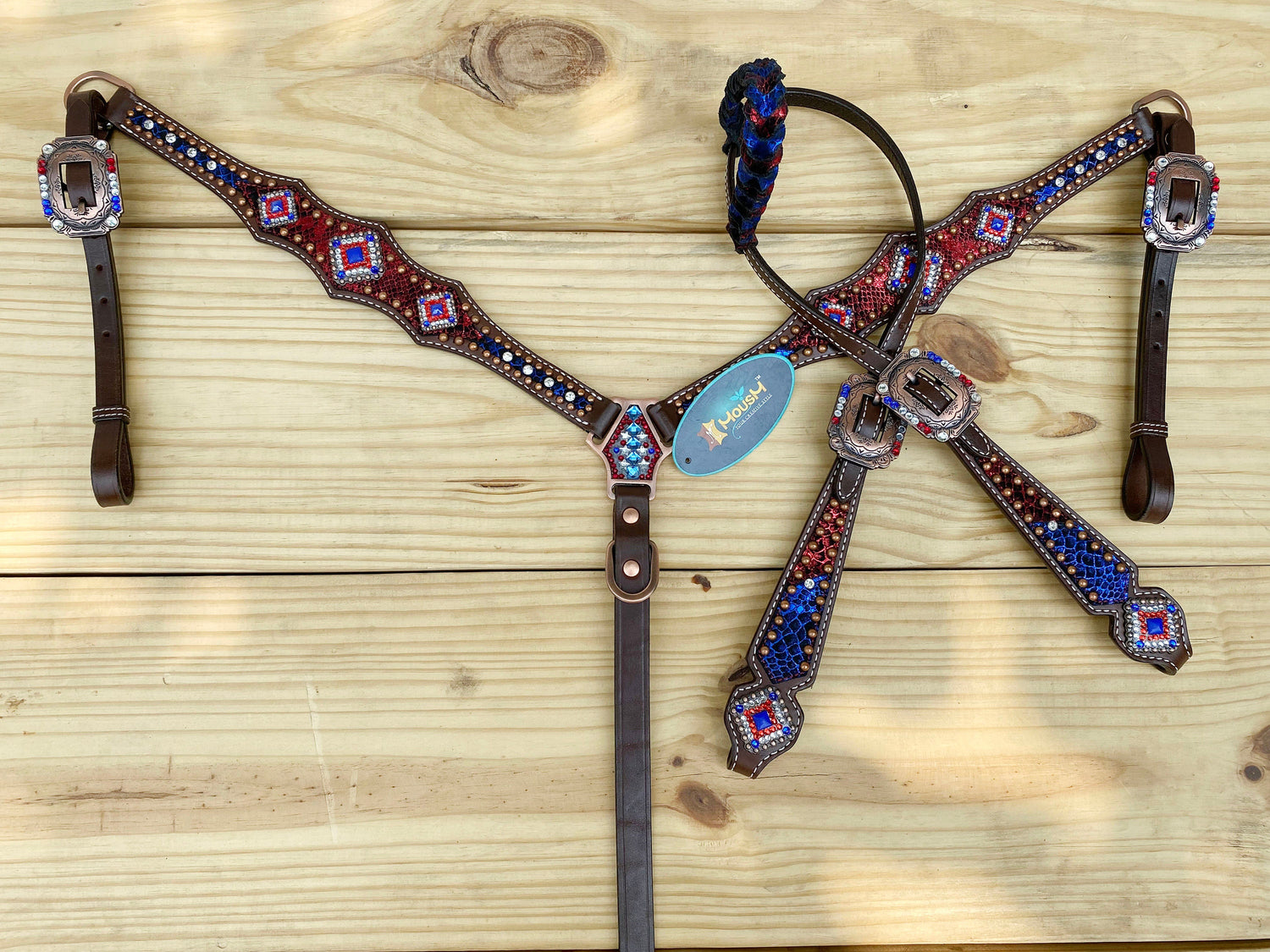 MOUSM 4th of July Western Headstall &amp; Breast Collar Set – Western Headstall Tack Alligator Decorated with Shining Patriotic USA flag Colour Inlay