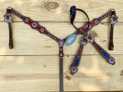 MOUSM 4th of July Western Headstall &amp; Breast Collar Set – Western Headstall Tack Alligator Decorated with Shining Patriotic USA flag Colour Inlay