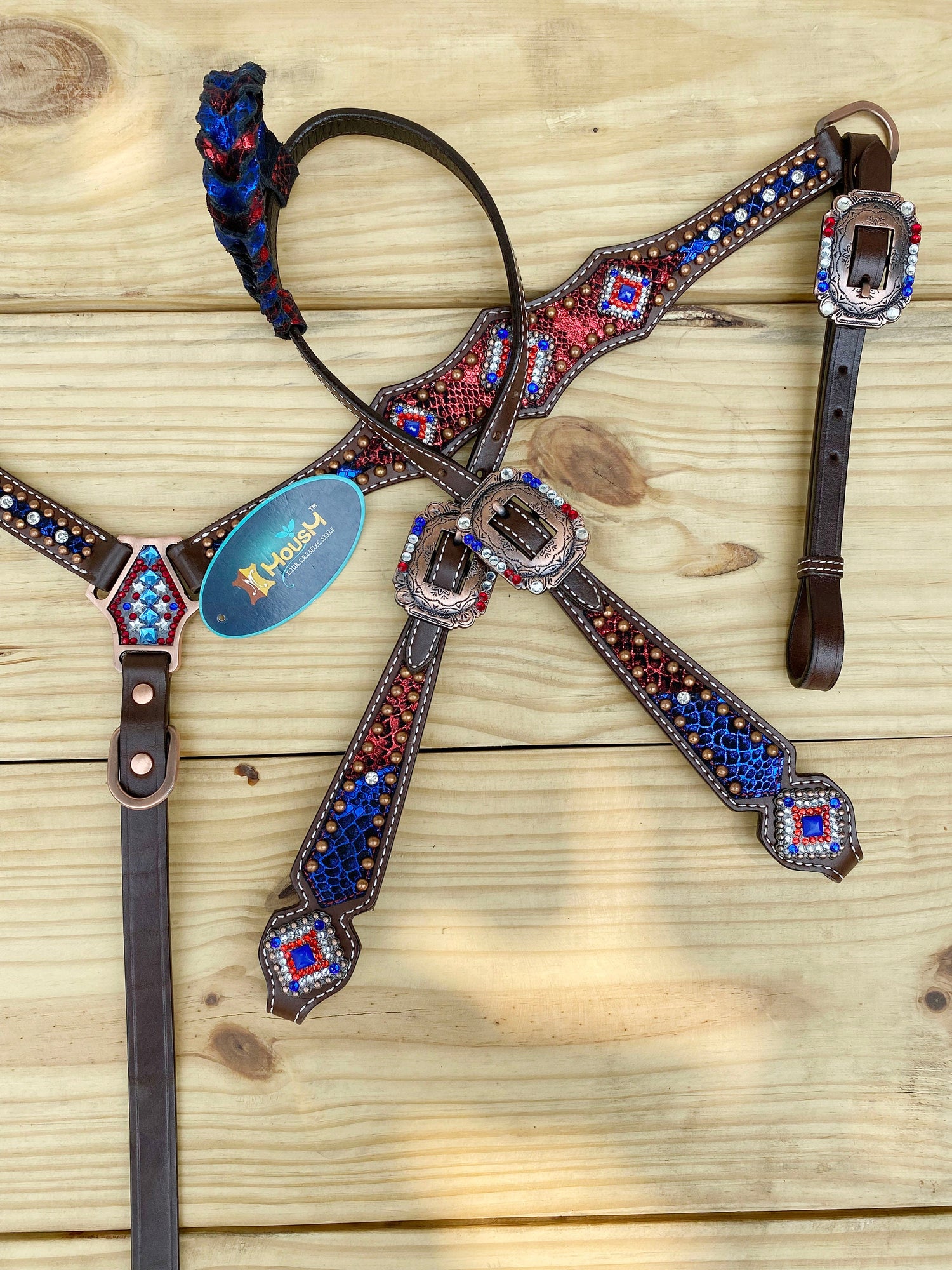 MOUSM 4th of July Western Headstall &amp; Breast Collar Set – Western Headstall Tack Alligator Decorated with Shining Patriotic USA flag Colour Inlay