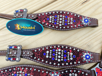 MOUSM 4th July Western Headstall &amp; Breast Collar Set – Made from Genuine Argentina Cow Leather, Independence Day Western Horse Tack Set Patriotic USA Flag Design with Red Fringe and Sparkling Conchos