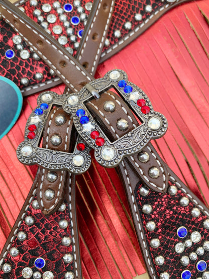 MOUSM 4th July Western Headstall &amp; Breast Collar Set – Made from Genuine Argentina Cow Leather, Independence Day Western Horse Tack Set Patriotic USA Flag Design with Red Fringe and Sparkling Conchos