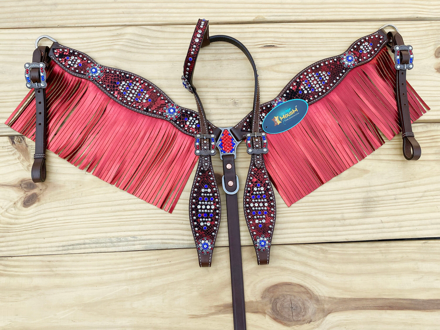 MOUSM 4th July Western Headstall &amp; Breast Collar Set – Made from Genuine Argentina Cow Leather, Independence Day Western Horse Tack Set Patriotic USA Flag Design with Red Fringe and Sparkling Conchos
